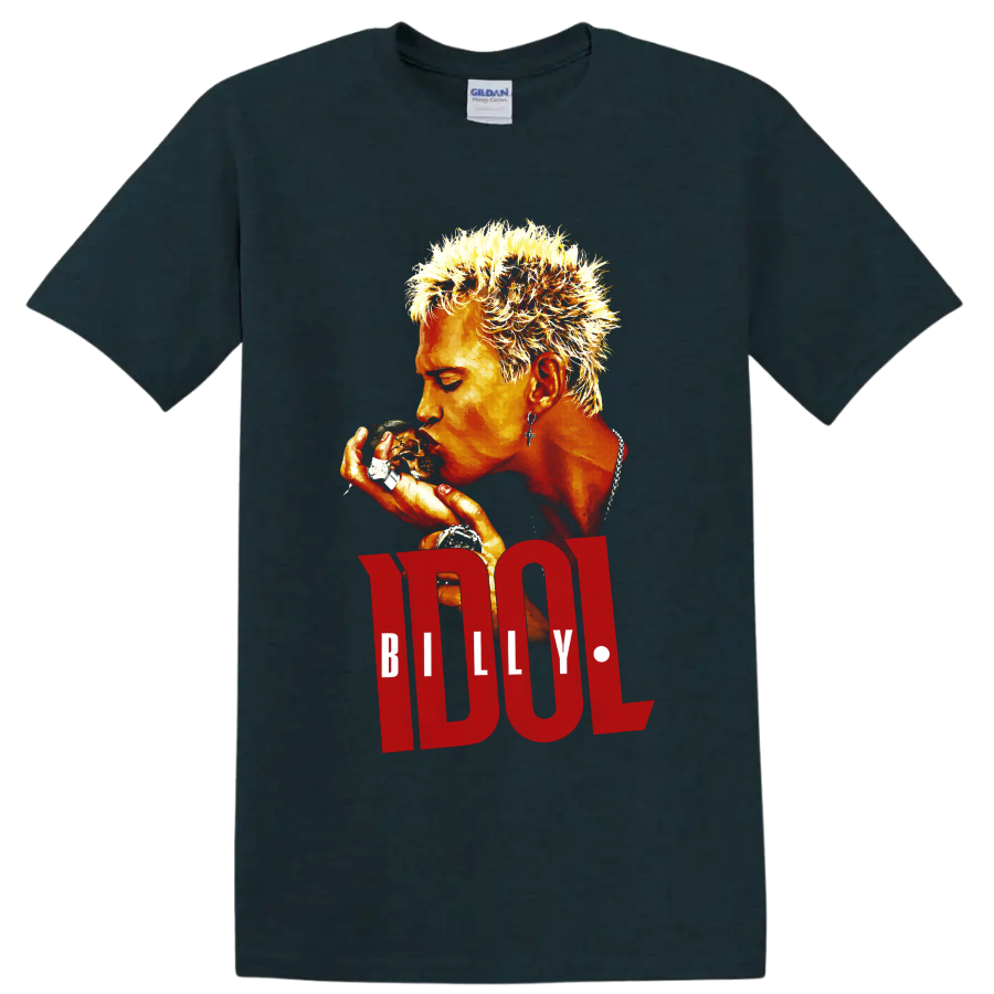 Billy Idol punk rock portrait graphic with bold red lettering on a Midnight (Green) T Shirt
