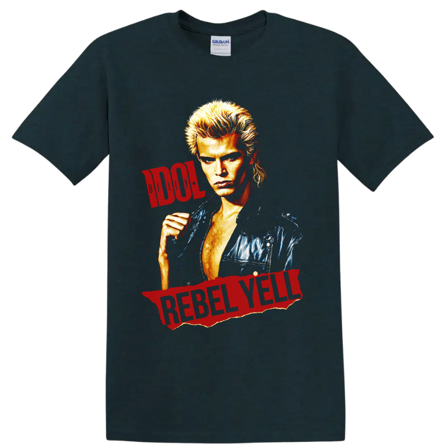 Billy Idol portrait with distressed red Rebel Yell lettering on a Midnight (Green) T Shirt