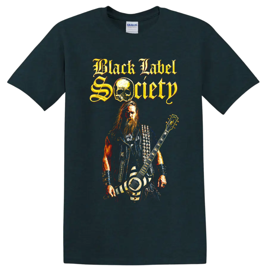 Black Label Society guitarist and skull heavy metal graphic with gothic lettering on a Midnight (Green) T Shirt