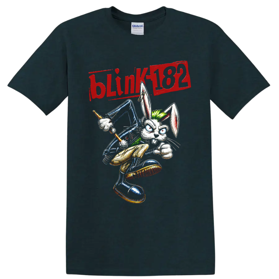 Blink-182 rabbit drummer punk rock cartoon graphic with distressed lettering on a Midnight (Green) T Shirt