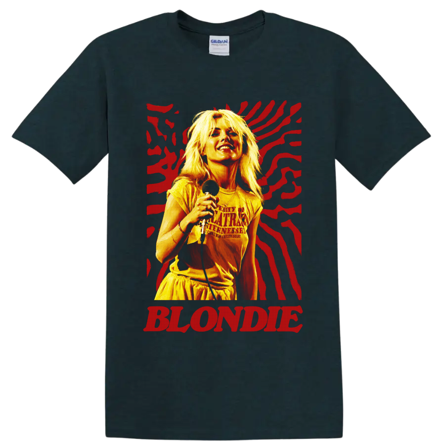 Blondie singer with microphone and red graphic stripes on a Midnight (Green) T Shirt