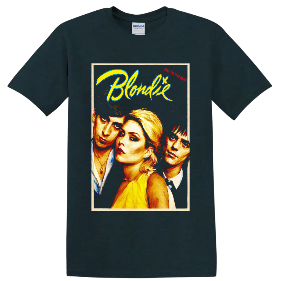 Blondie rock band portrait graphic with bold retro lettering on a Midnight (Green) T Shirt