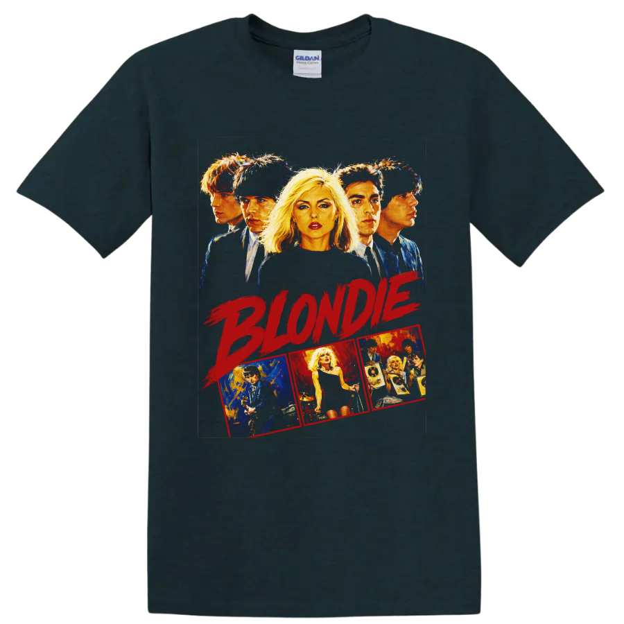 Blondie retro rock band portrait collage with bold red lettering on a Midnight (Green) T Shirt