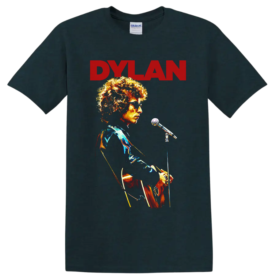 Bob Dylan folk rock performance portrait with DYLAN text on a Midnight (Green) T Shirt