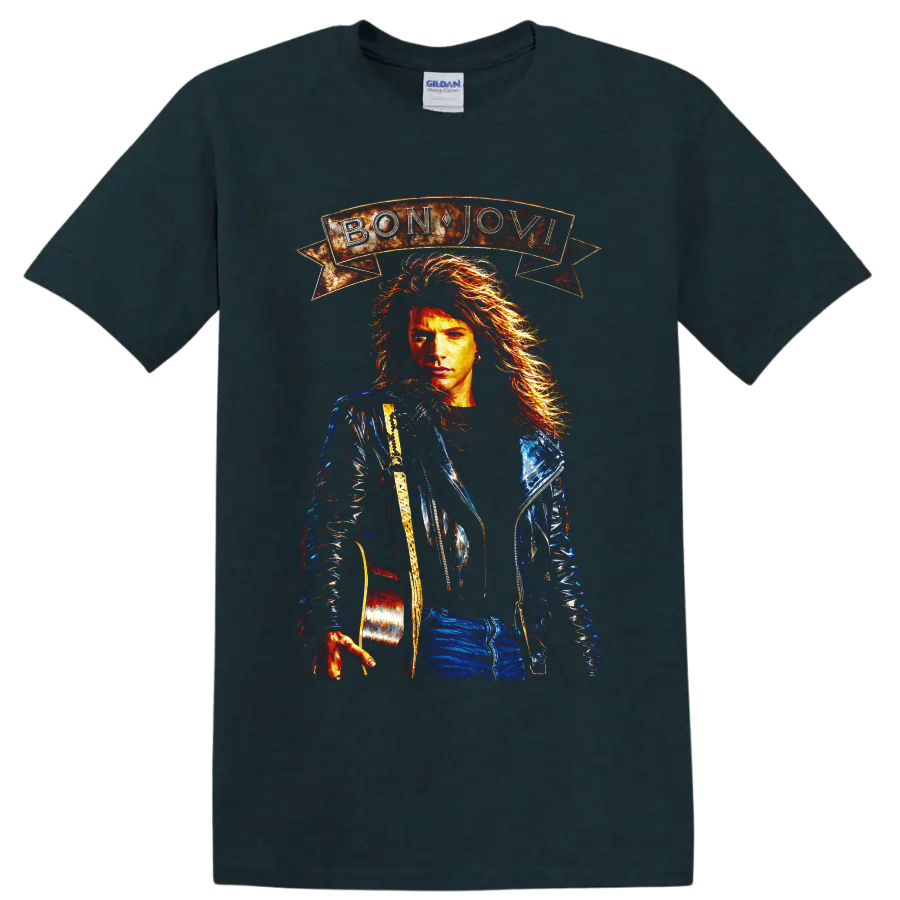 Bon Jovi guitarist portrait with banner and vintage rock artwork on a Midnight (Green) T Shirt