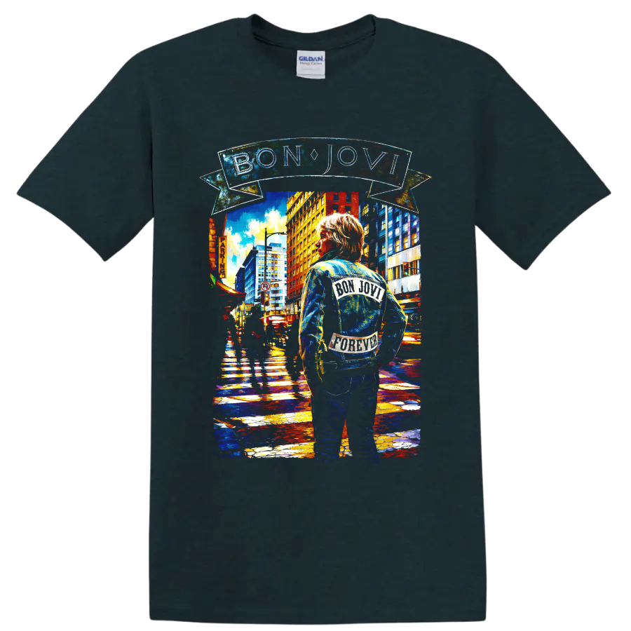 Bon Jovi urban street art design with BON JOVI banner and denim-jacketed figure on a Midnight (Green) T Shirt