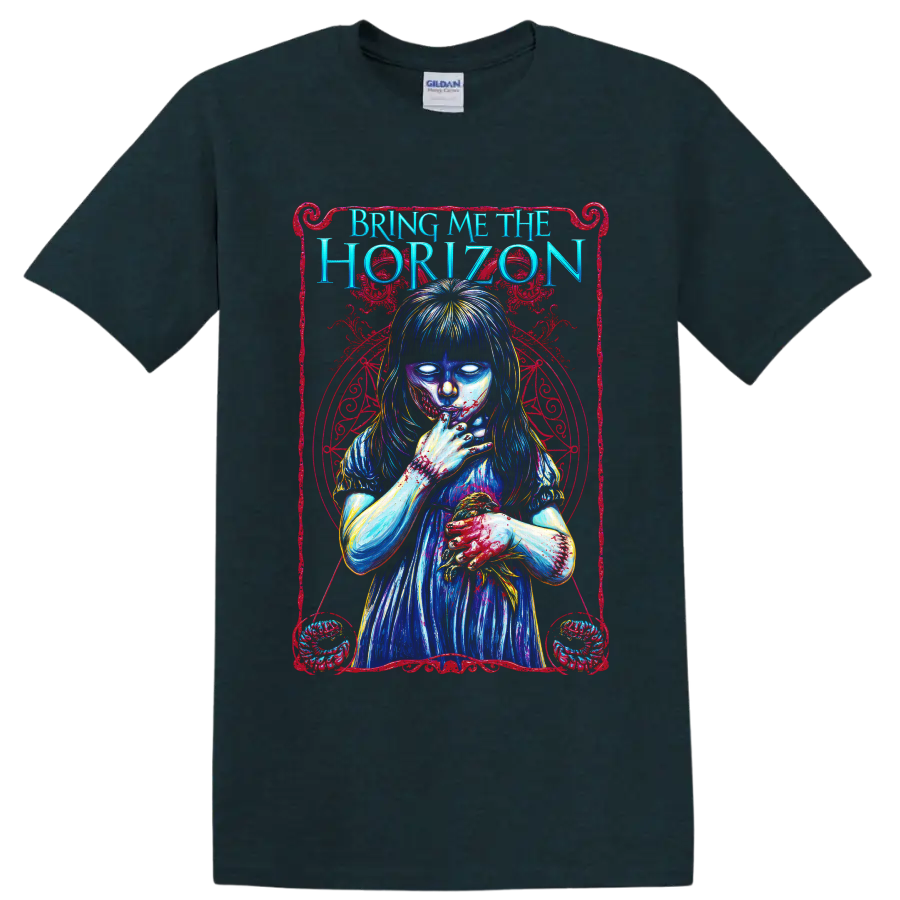 Bring Me the Horizon gothic horror girl graphic with blue and red artwork on a Midnight (Green) T Shirt