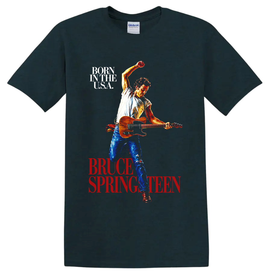 Bruce Springsteen Born in the USA vintage guitar performance graphic on a Midnight (Green) T Shirt