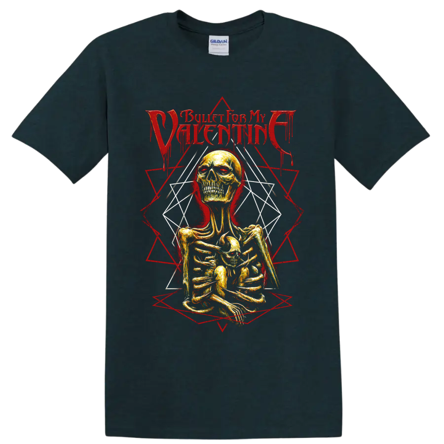 Bullet for My Valentine gothic skeleton graphic with red geometric linework on a Midnight (Green) T Shirt
