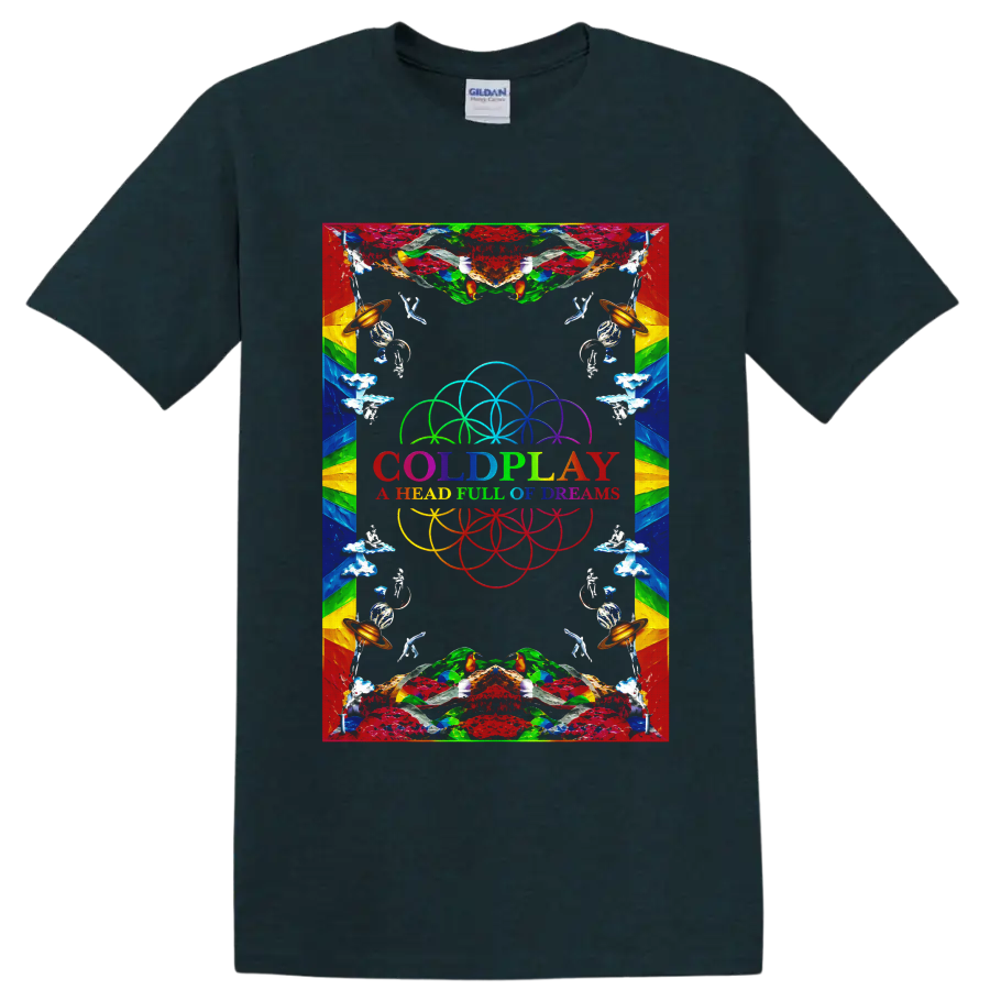 Coldplay psychedelic rainbow dream symbols graphic with band text on a Midnight (Green) T Shirt