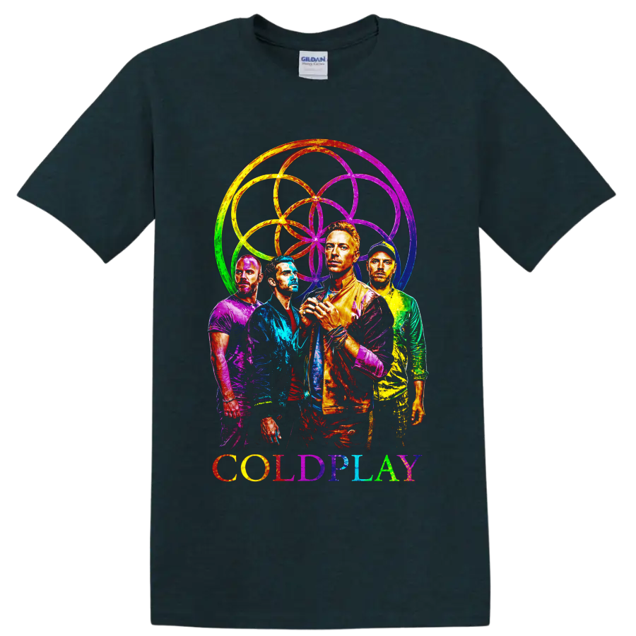 Coldplay band portraits with colorful rainbow circular graphic and logo on a Midnight (Green) T Shirt