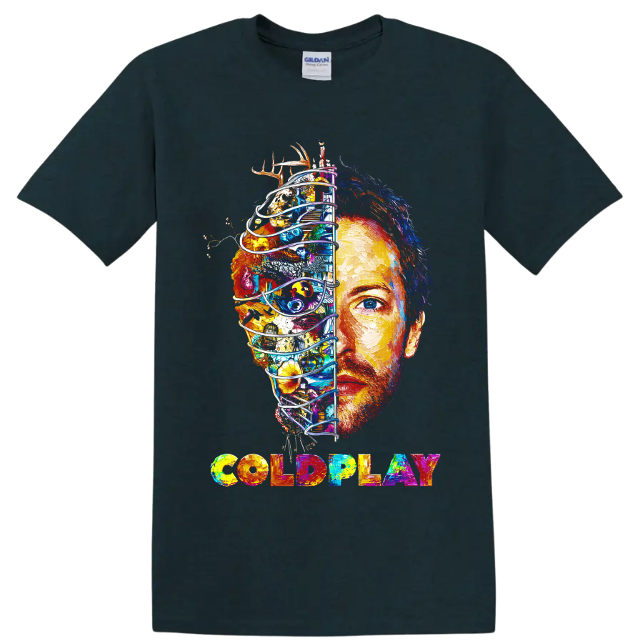 Coldplay colorful split-face portrait graphic with multicolored band lettering on a Midnight (Green) T Shirt