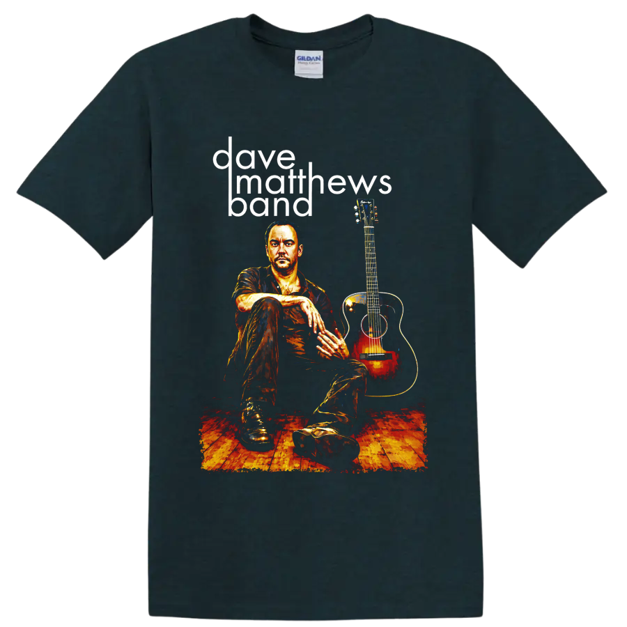 Dave Matthews Band guitarist with acoustic guitar and bold lettering on a Midnight (Green) T Shirt