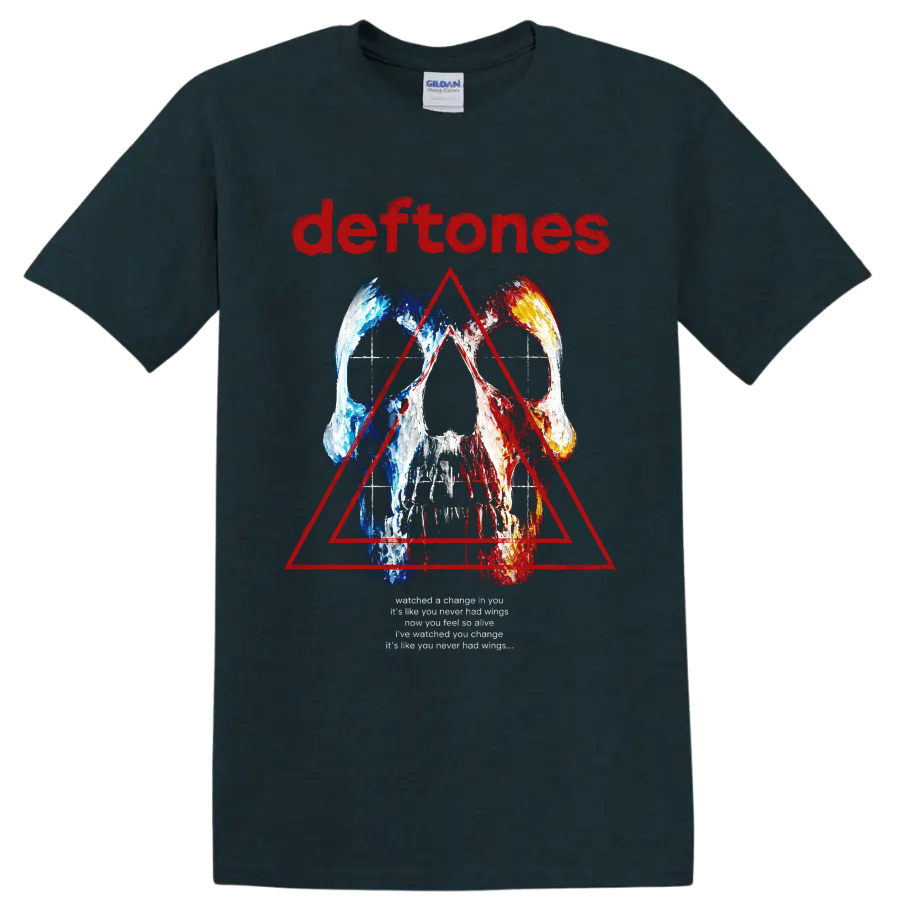 Deftones distressed skull and red triangle rock graphic with band name on a Midnight (Green) T Shirt