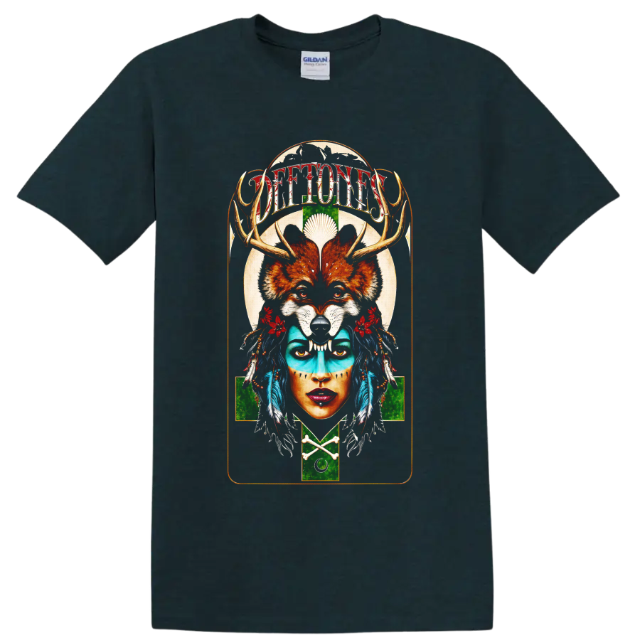 Deftones fox skull portrait graphic with antlers, feathers, and flowers on a Midnight (Green) T Shirt