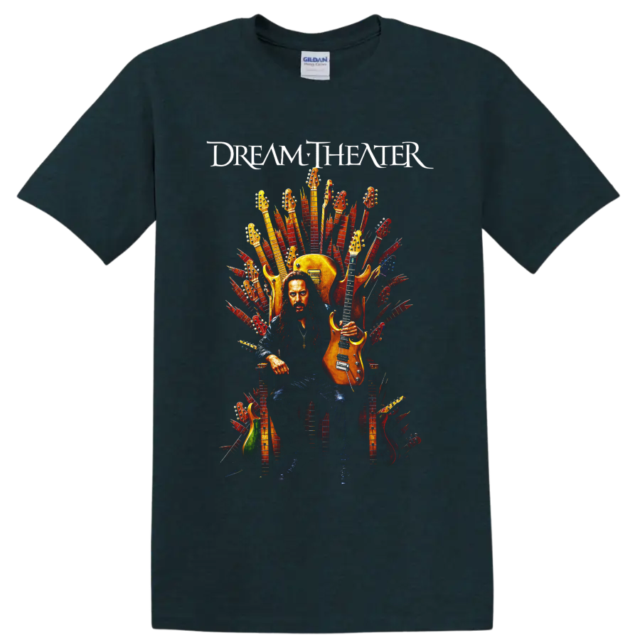 Dream Theater guitarist seated on an electric guitar throne graphic print on a Midnight (Green) T Shirt