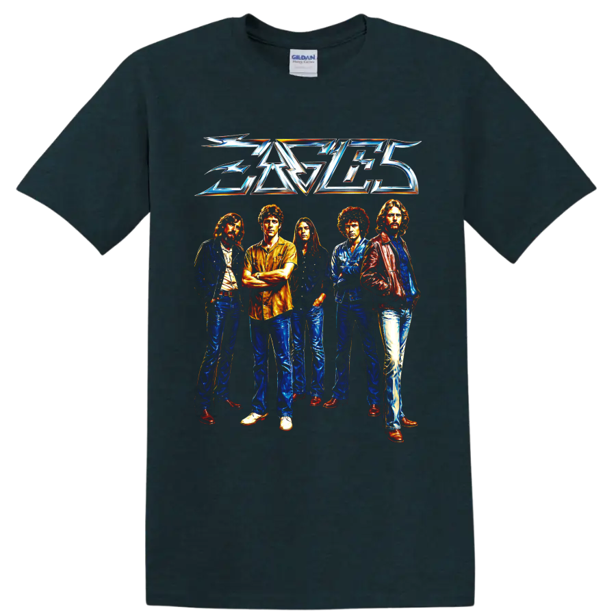 Eagles rock band five-member portrait with metallic logo graphic on a Midnight (Green) T Shirt