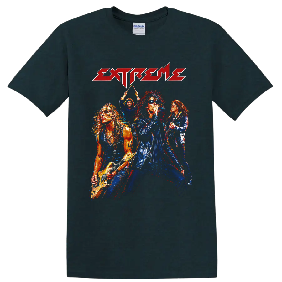 Extreme rock band concert graphic with singer, guitarists, drummer, and logo on a Midnight (Green) T Shirt