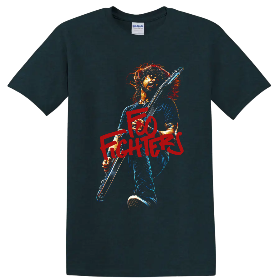 Foo Fighters guitarist rock artwork with bold red lettering on a Midnight (Green) T Shirt