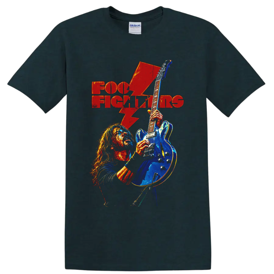 Foo Fighters guitarist with blue electric guitar, red lightning bolt, and band text on a Midnight (Green) T Shirt