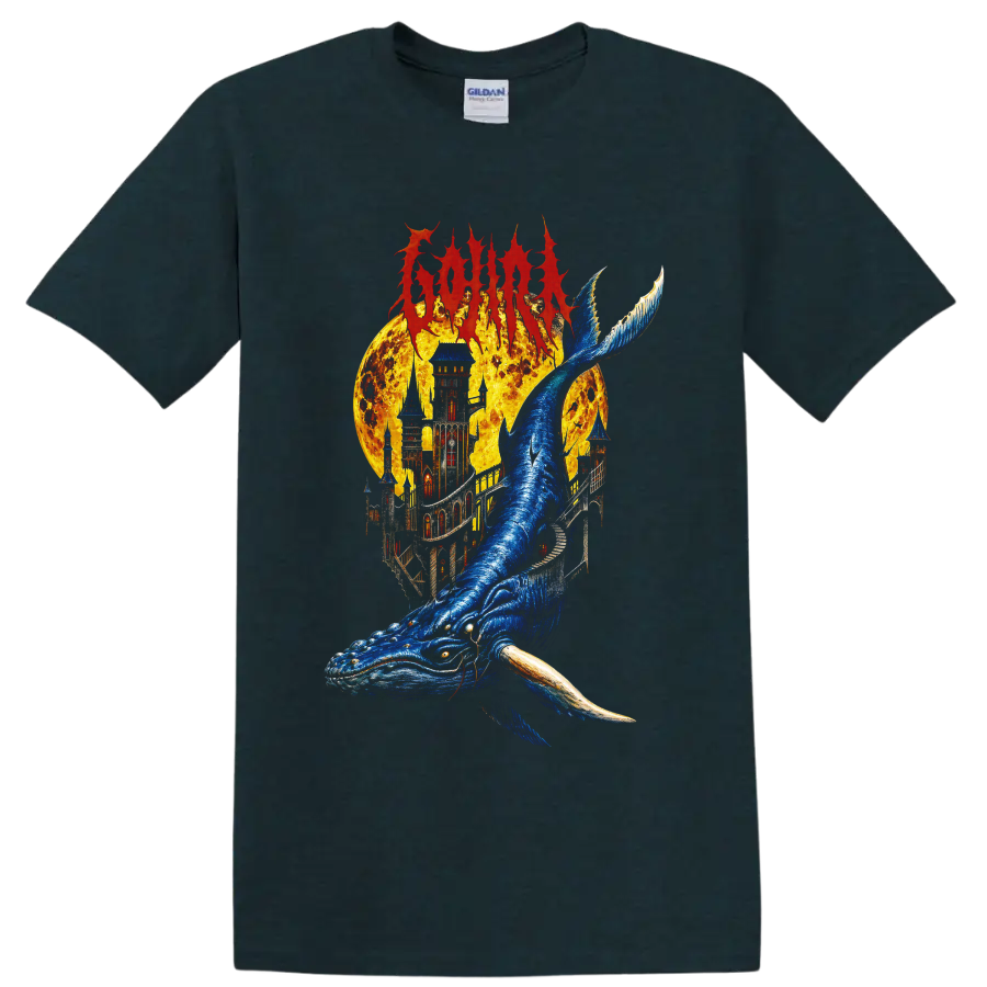 Gojira metal graphic with blue whale, fiery castle, and fantasy artwork on a Midnight (Green) T Shirt