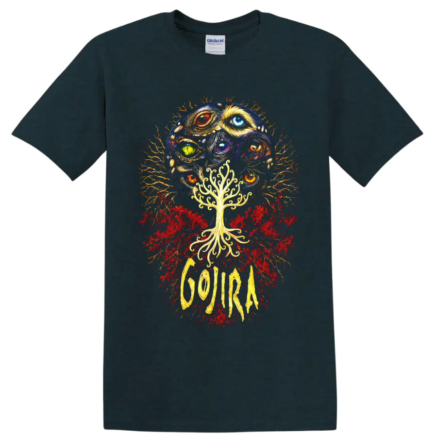 Gojira psychedelic cosmic eyes and glowing tree graphic print on a Midnight (Green) T Shirt