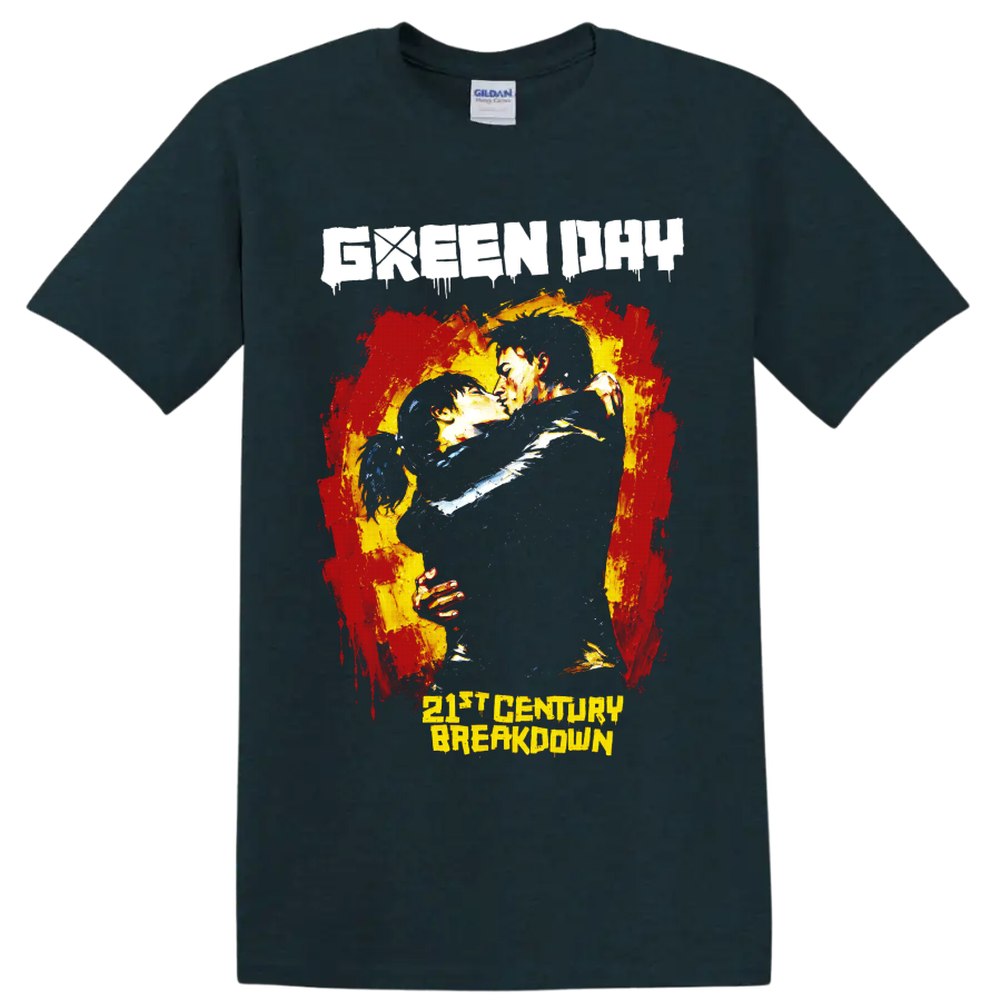 Green Day 21st Century Breakdown distressed punk rock embracing couple graphic on a Midnight (Green) T Shirt