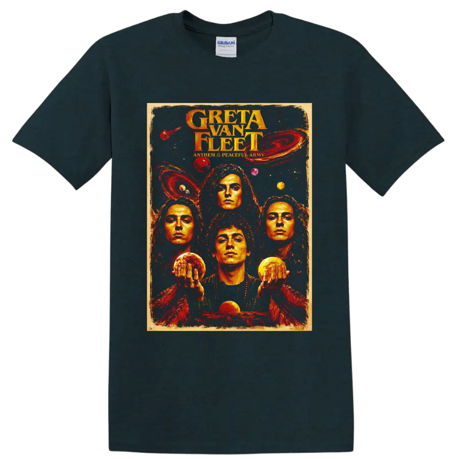 Greta Van Fleet psychedelic cosmic rock poster with four portraits on a Midnight (Green) T Shirt