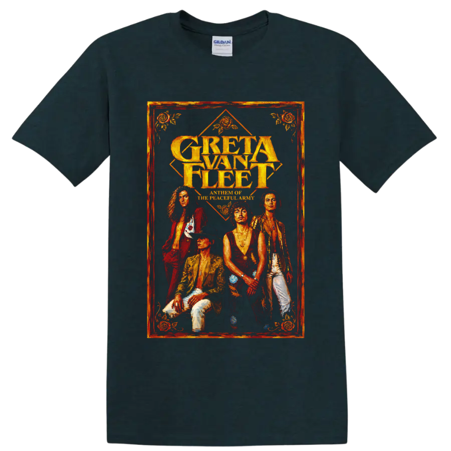 Greta Van Fleet vintage rock band portrait graphic with gold lettering on a Midnight (Green) T Shirt