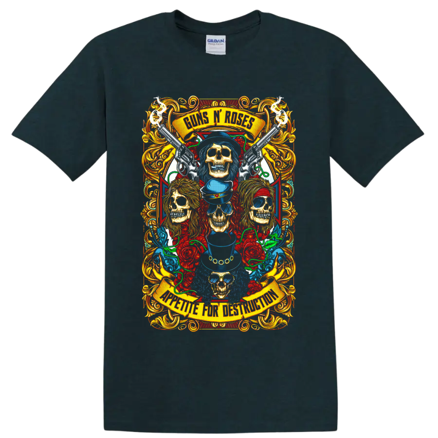 Guns N' Roses skull, revolvers, roses, and ornate gothic rock graphic on a Midnight (Green) T Shirt