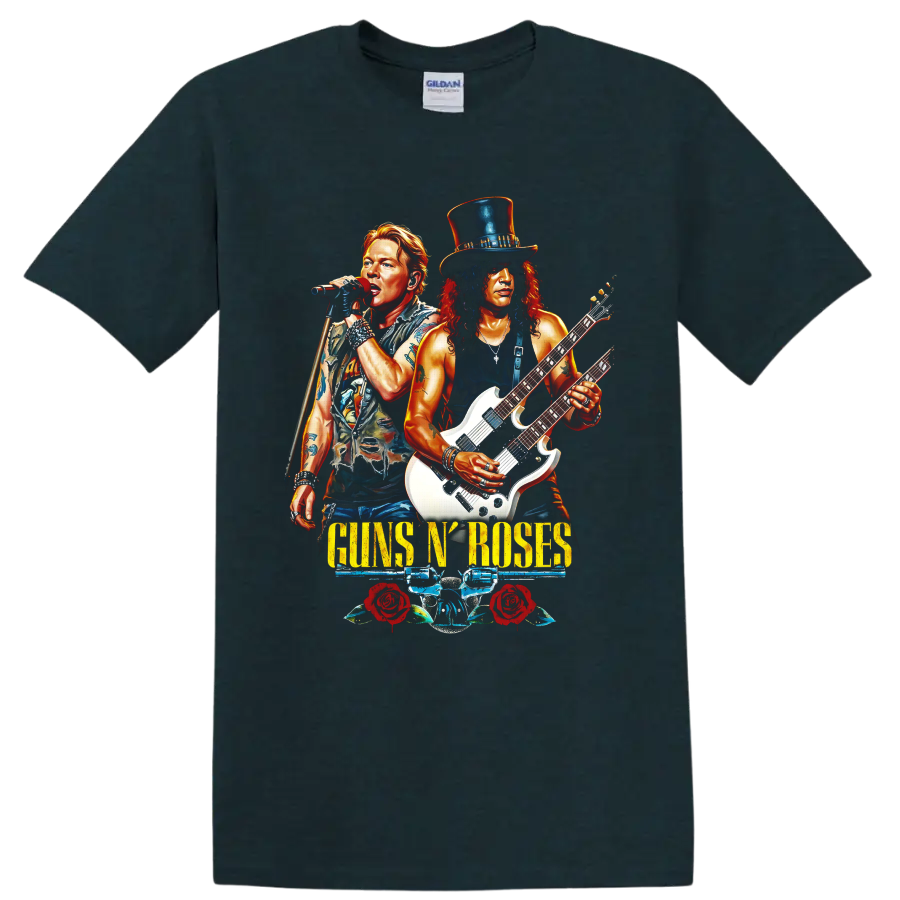 Guns N' Roses rock band graphic with singer, guitarist, roses, and pistols on a Midnight (Green) T Shirt