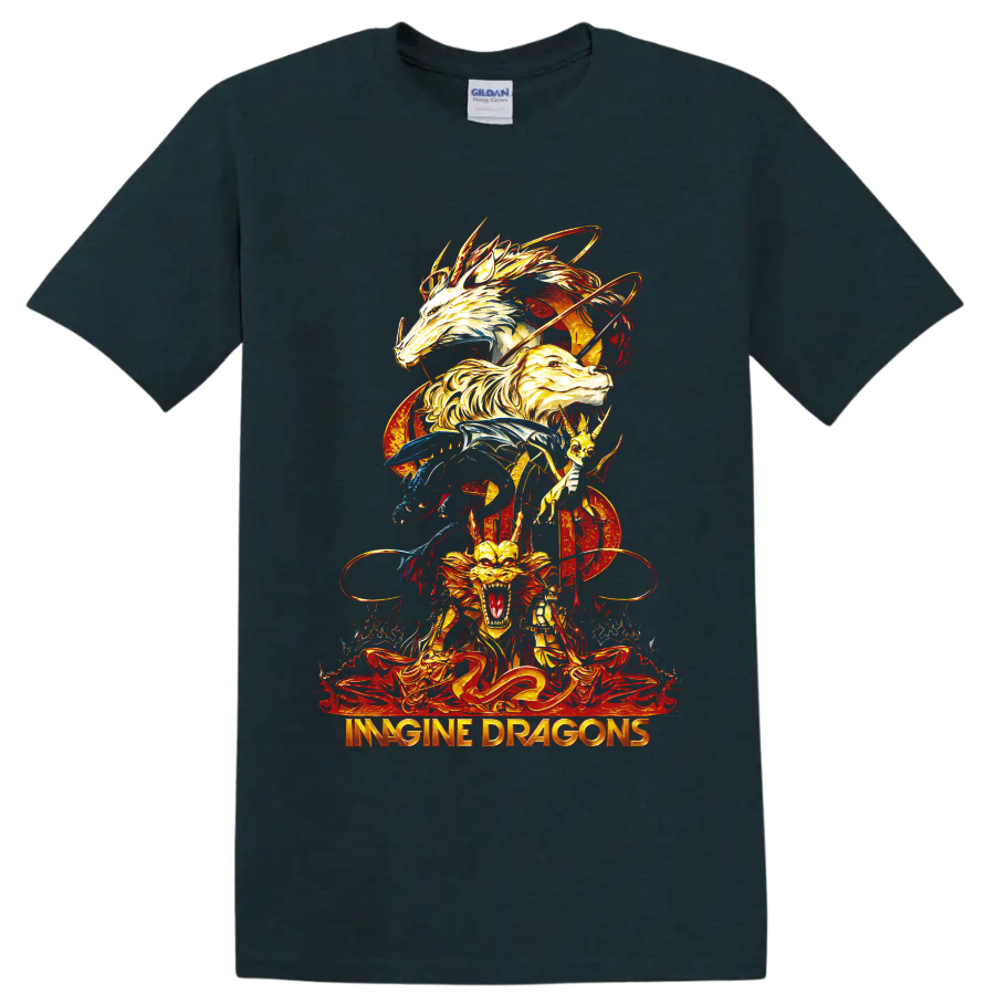 Imagine Dragons fantasy dragon artwork with fiery stacked dragons on a Midnight (Green) T Shirt