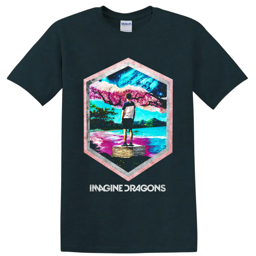 Imagine Dragons colorful mountain lake landscape graphic with band text on a Midnight (Green) T Shirt