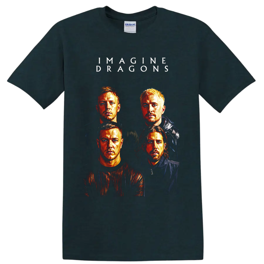 Imagine Dragons four-portrait rock band graphic with white lettering on a Midnight (Green) T Shirt