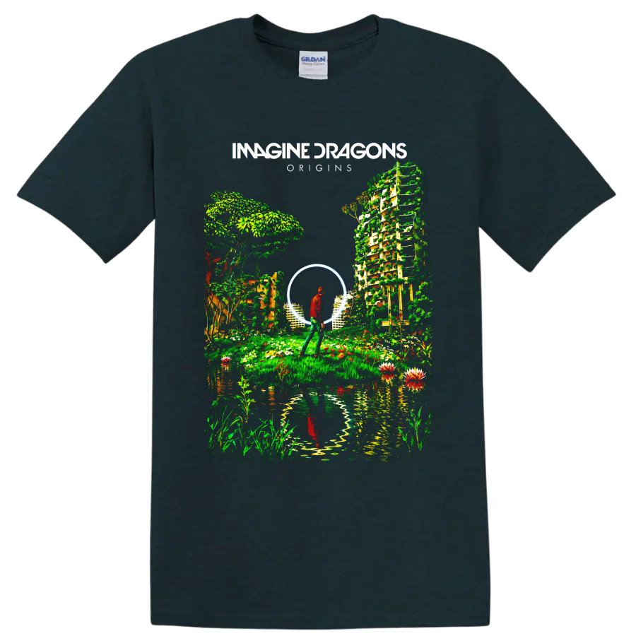 Imagine Dragons Origins surreal garden portal graphic with lone figure on a Midnight (Green) T Shirt