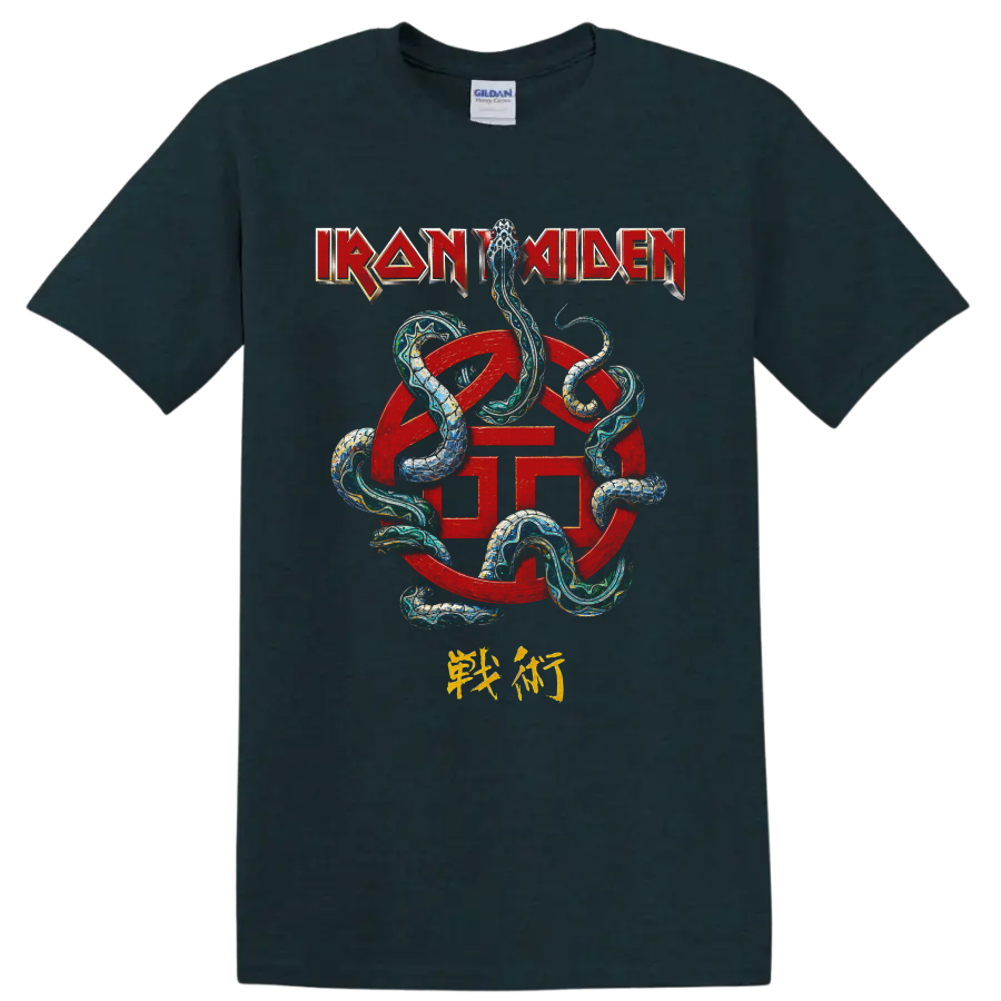 Iron Maiden logo with red emblem and intertwined serpent graphic on a Midnight (Green) T Shirt