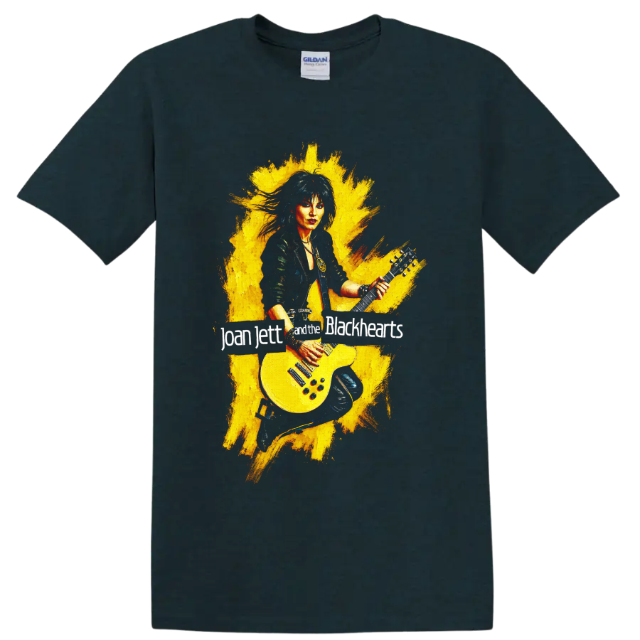 Joan Jett rock guitarist with yellow electric guitar graphic on a Midnight (Green) T Shirt