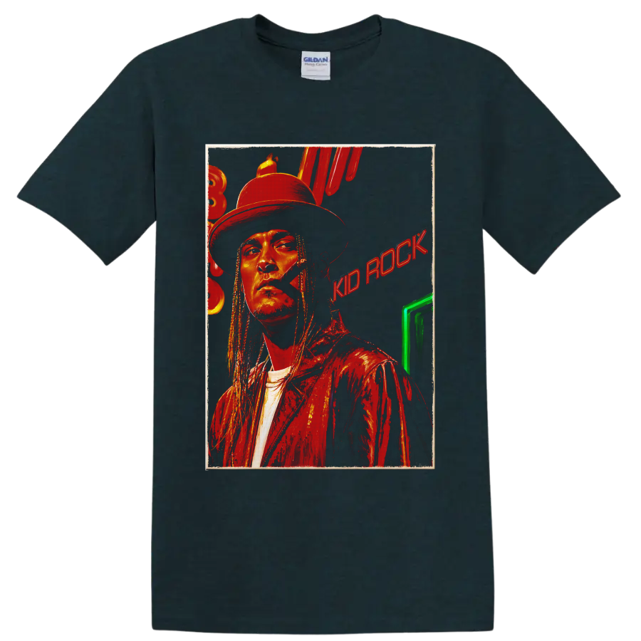Kid Rock portrait in cowboy hat with distressed red rock graphic style on a Midnight (Green) T Shirt