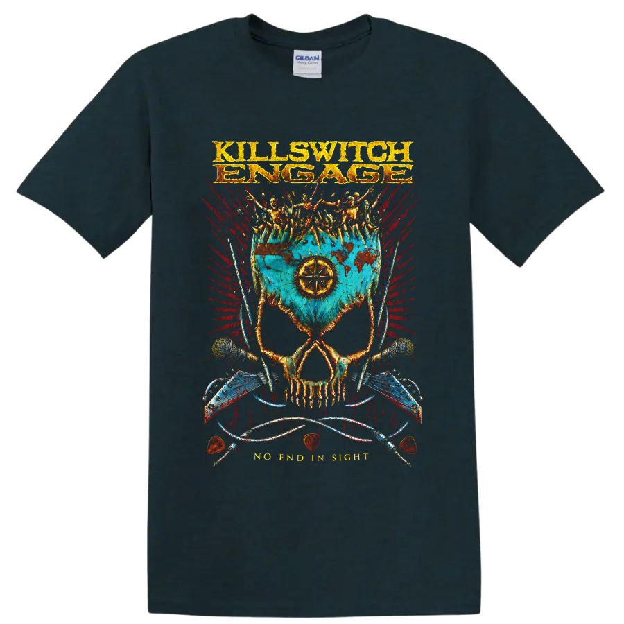 Killswitch Engage skull battle flag metalcore graphic with armored figures on a Midnight (Green) T Shirt