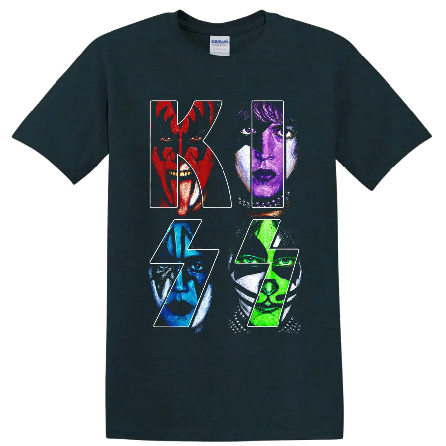 KISS rock band graphic with four colorful face-painted portraits on a Midnight (Green) T Shirt