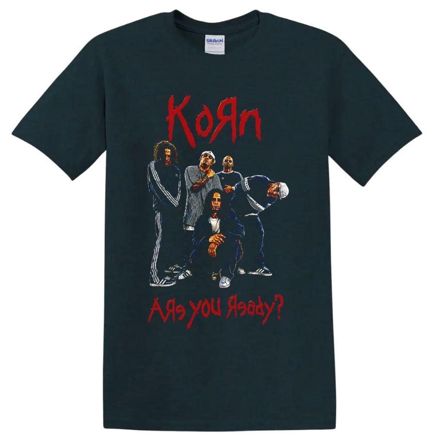 Korn group portrait graphic with red Korn and Are you ready lettering on a Midnight (Green) T Shirt