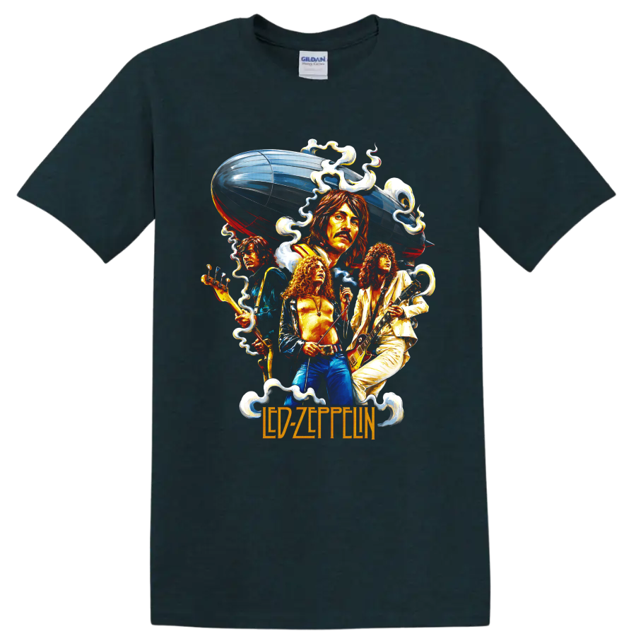 Led Zeppelin musicians with guitars, airship, and vintage rock graphic on a Midnight (Green) T Shirt