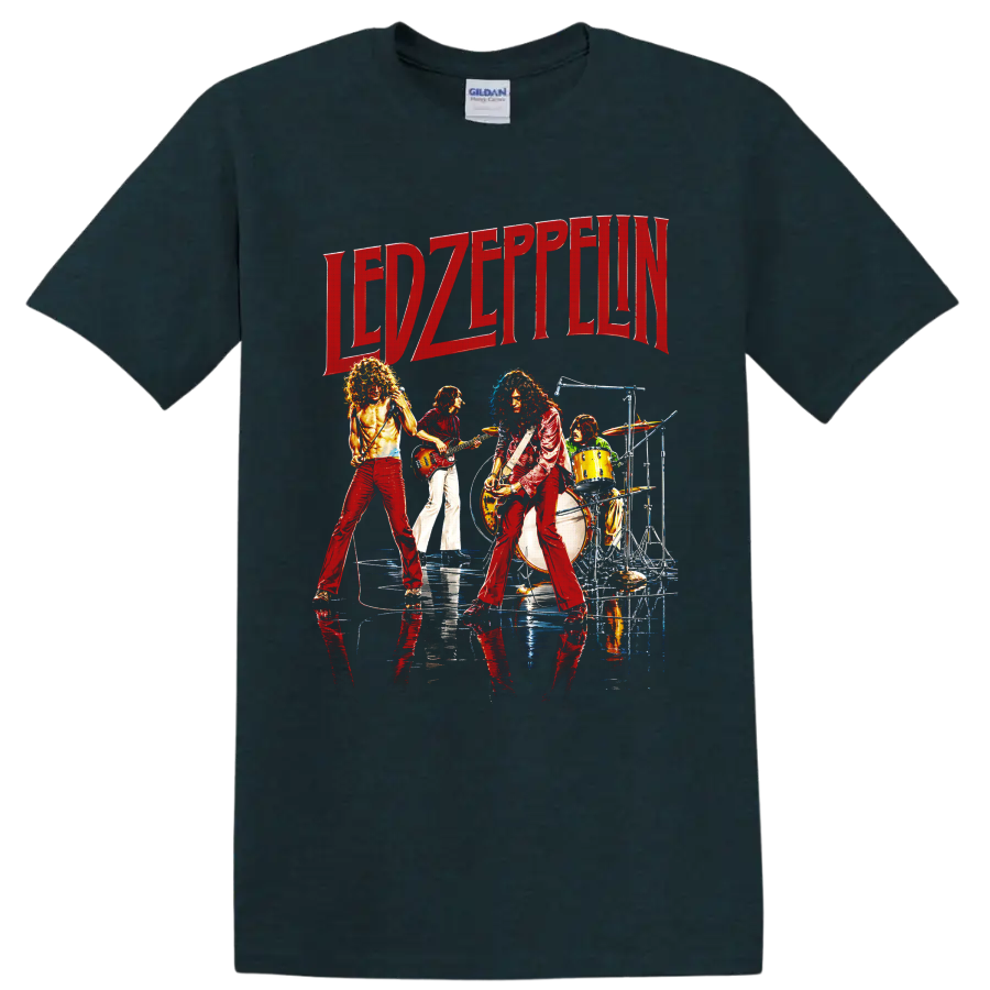 Led Zeppelin live concert graphic with red lettering and four musicians on a Midnight (Green) T Shirt