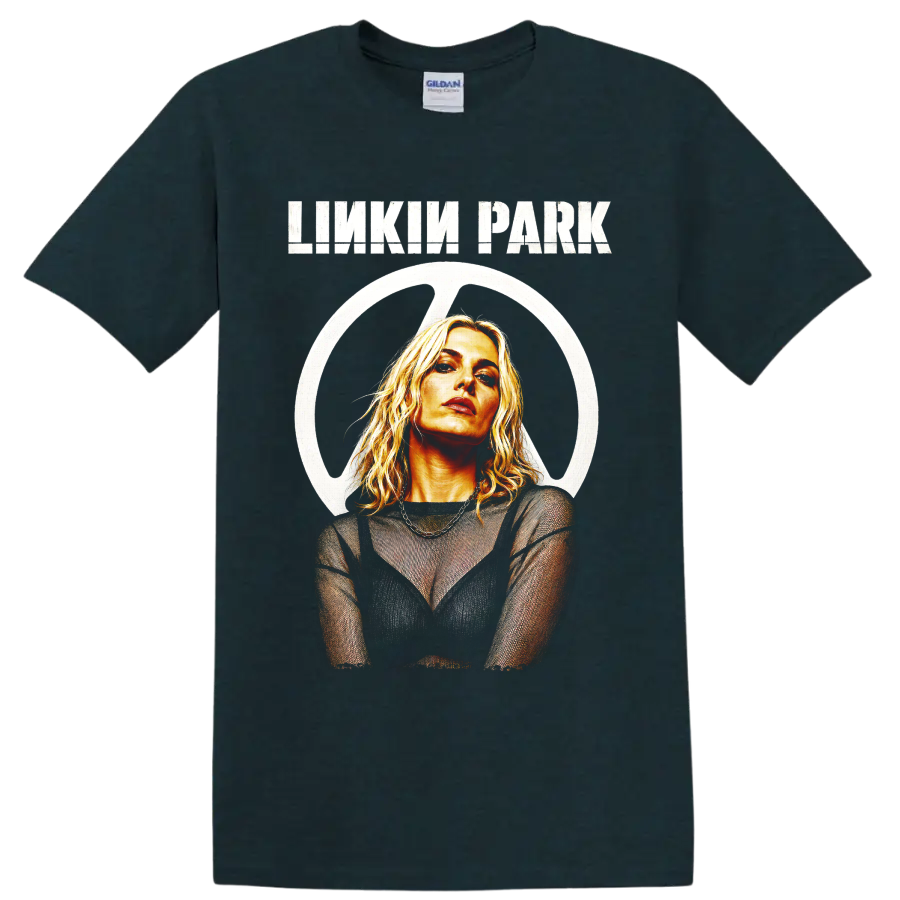 Linkin Park portrait graphic with distressed lettering and circular emblem on a Midnight (Green) T Shirt