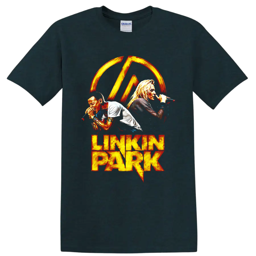 Linkin Park vocalist graphic print with fiery logo and lettering on a Midnight (Green) T Shirt