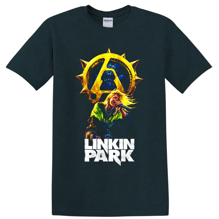 Linkin Park vocalist with golden spiked sun emblem graphic on a Midnight (Green) T Shirt