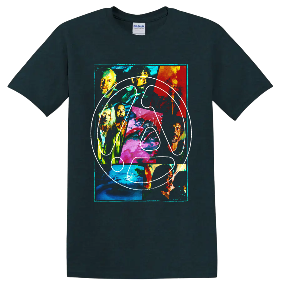 Linkin Park abstract portrait collage with colorful painted panels on a Midnight (Green) T Shirt
