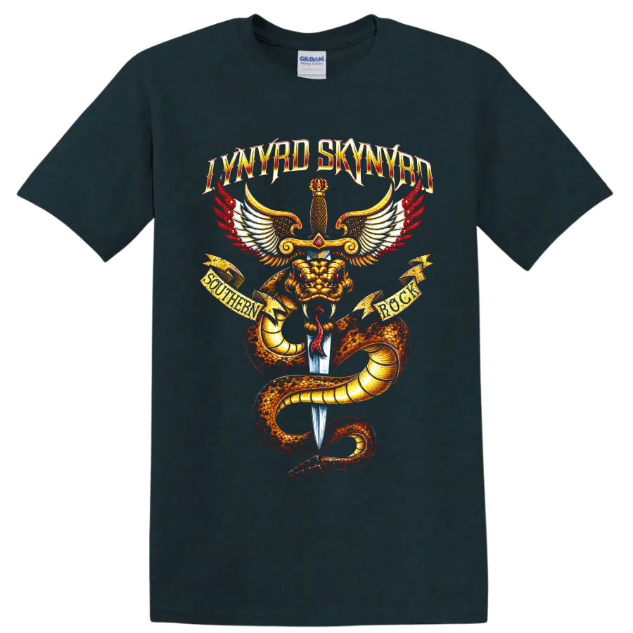 Lynyrd Skynyrd dragon, sword, and wings southern rock graphic on a Midnight (Green) T Shirt