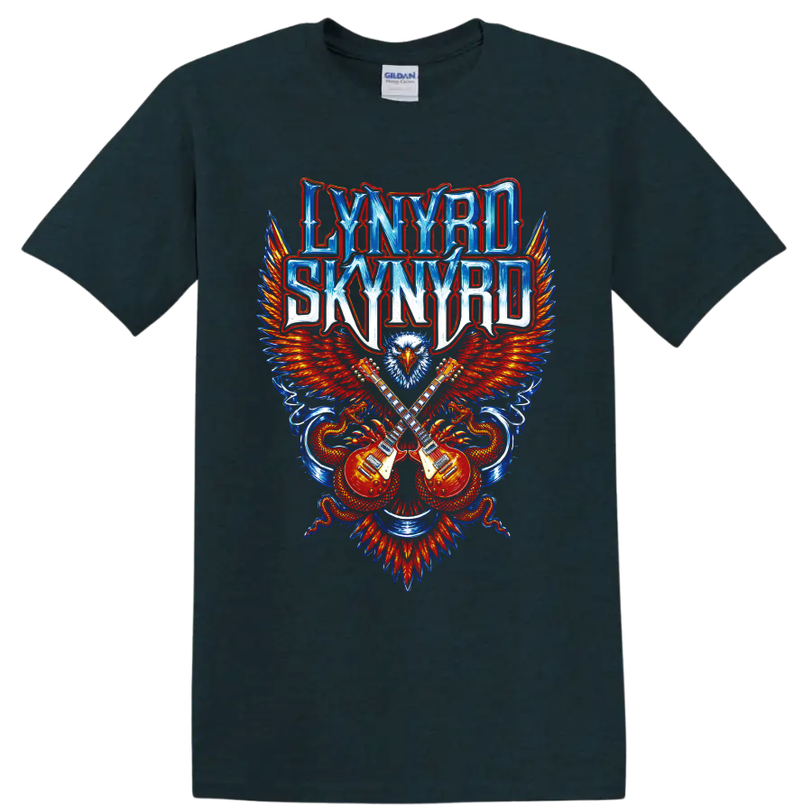 Lynyrd Skynyrd eagle and crossed guitars rock graphic on a Midnight (Green) T Shirt