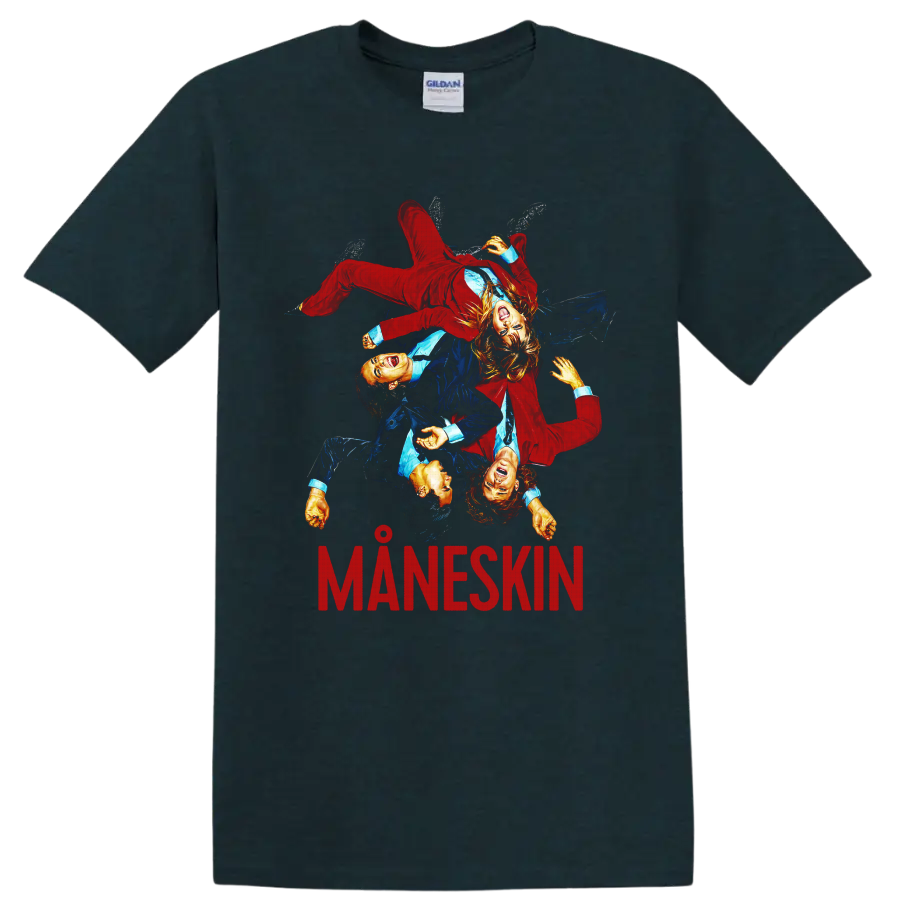 Måneskin rock band graphic with four performers and MANESKIN text on a Midnight (Green) T Shirt